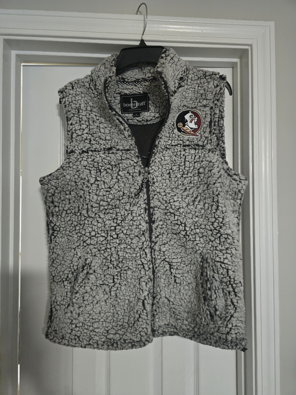 boxercraft Light Gray Sherpa Vest with Collegiate Patch